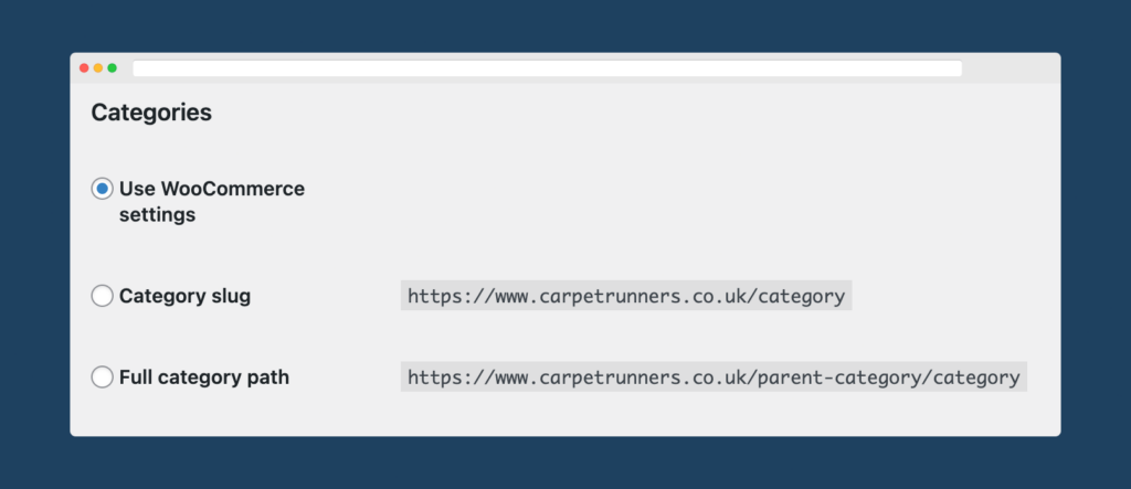 Screenshot of the WooCommerce category permalink settings