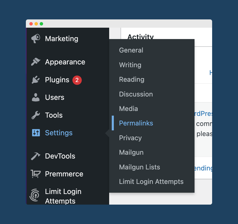 Screenshot of the WordPress settings screen