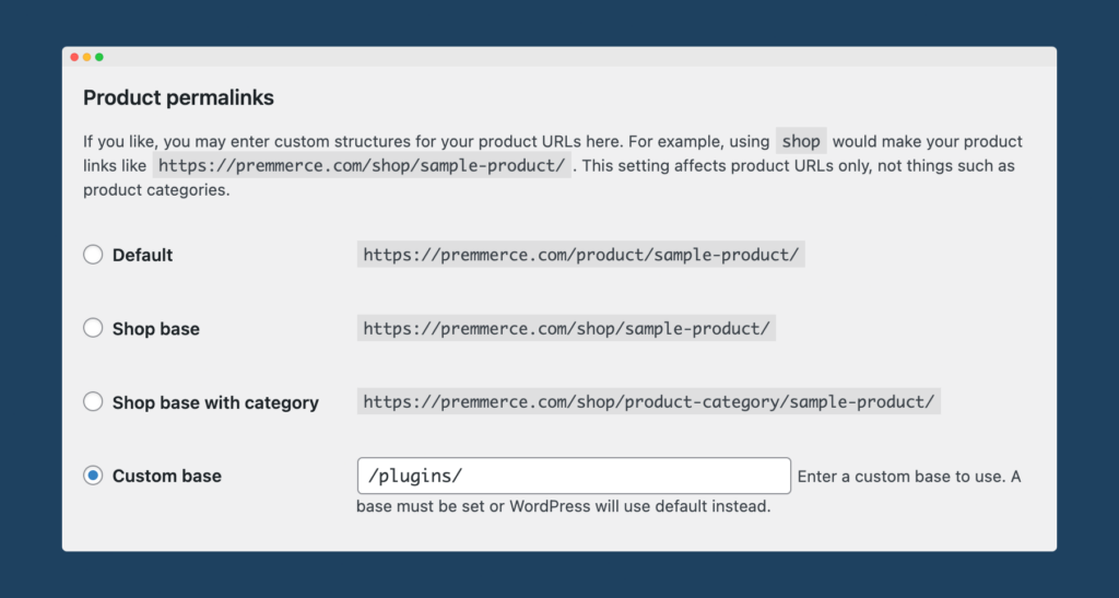 Screenshot of the product permalinks page in WooCommerce settings