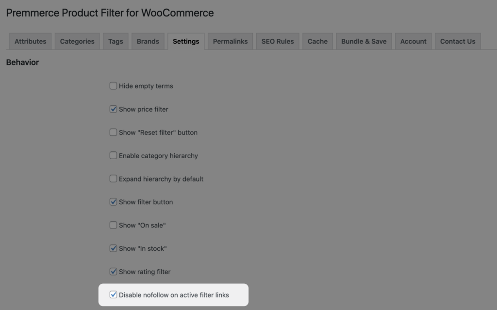 Disable 'nofollow' on active filter links setting