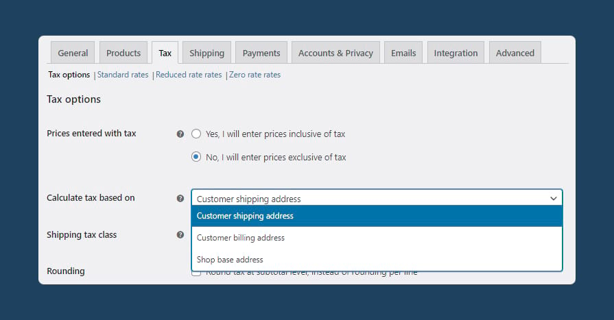 Calculate tax based on customer shipping address