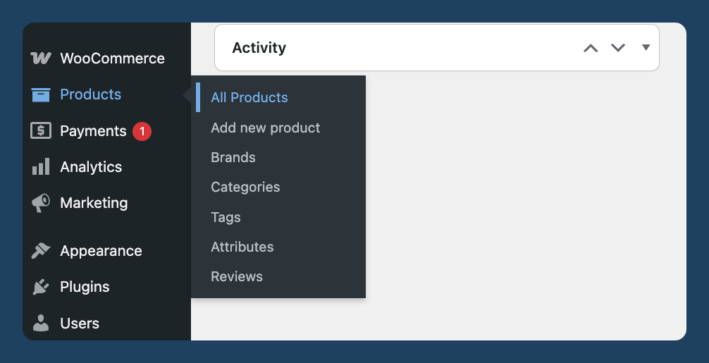 Navigating to the "All products" view via the WordPress admin navigation menu.
