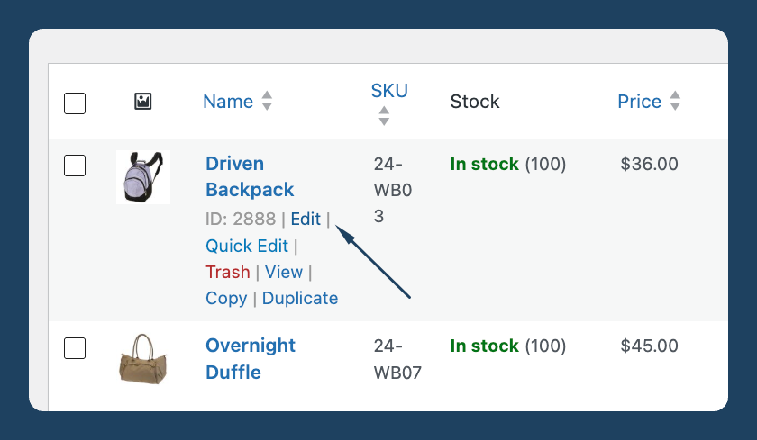 Hovering over a single product in the WooCommerce "All Products" view, revealing the "Edit" option.