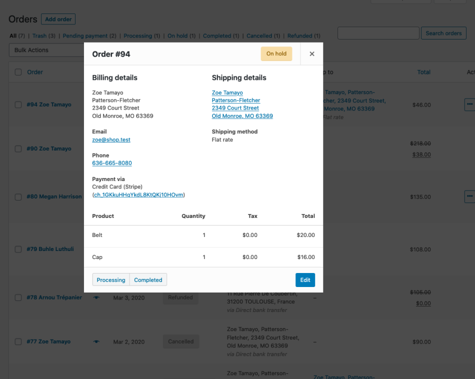 Seeing an order detail in the WooCommerce plugin