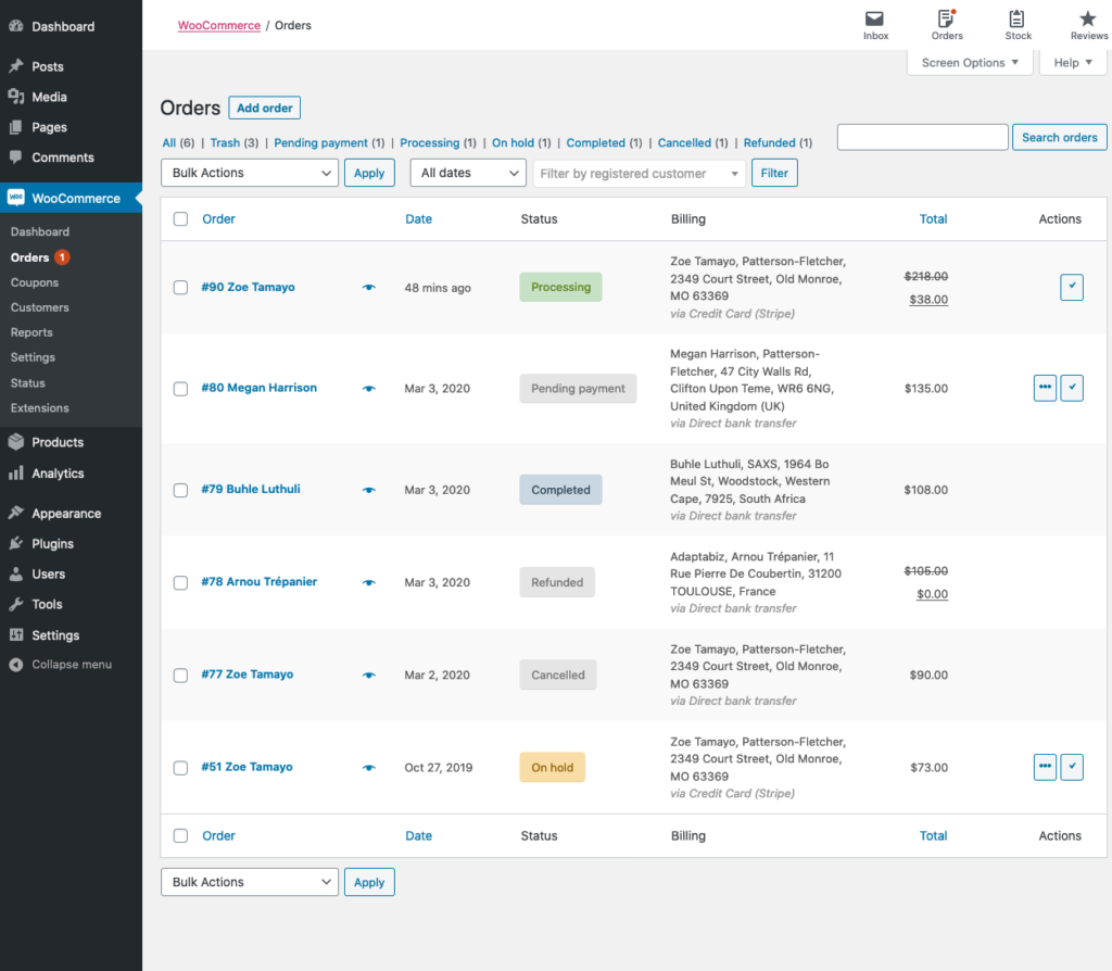 Managing orders in the WooCommerce WordPress plugin