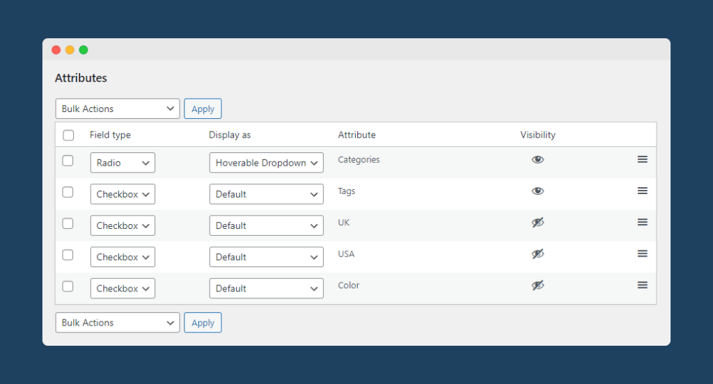 Adjust attribute filter settings from the WooCommerce Product Filter ‘Attributes’ tab.