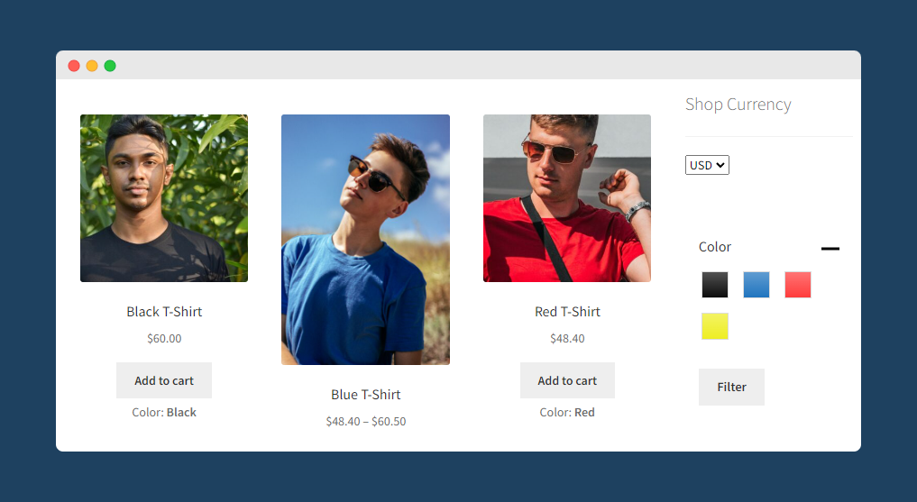 Color swatch filters shown on the store front end.