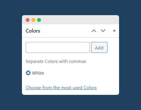 Adding terms to a custom taxonomy in the product editor.