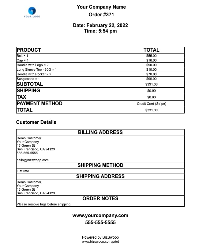 BizPrint order confirmation template