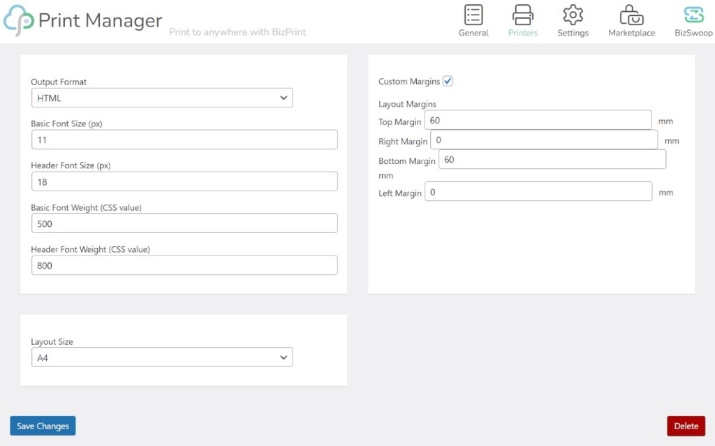 BizPrint template configuration options