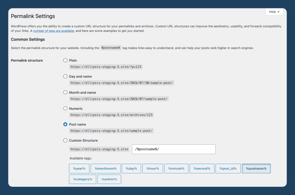 WordPress permalink structure options with Post name selected
