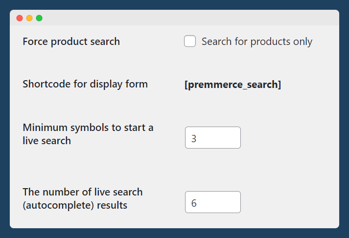 WooCommerce Product Search autocomplete settings.