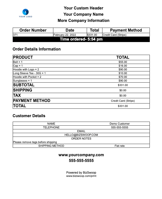BizPrint – customer receipt print template.