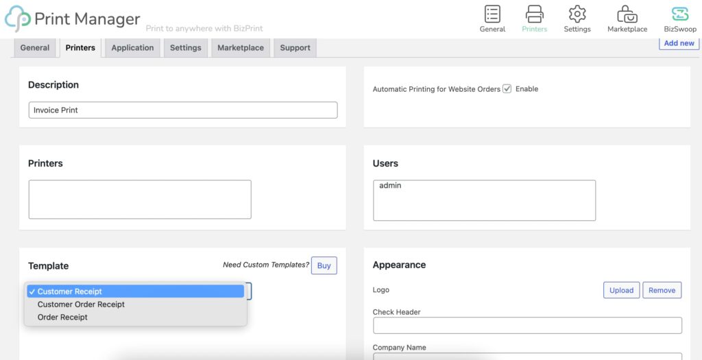 BizPrint – printer location settings.