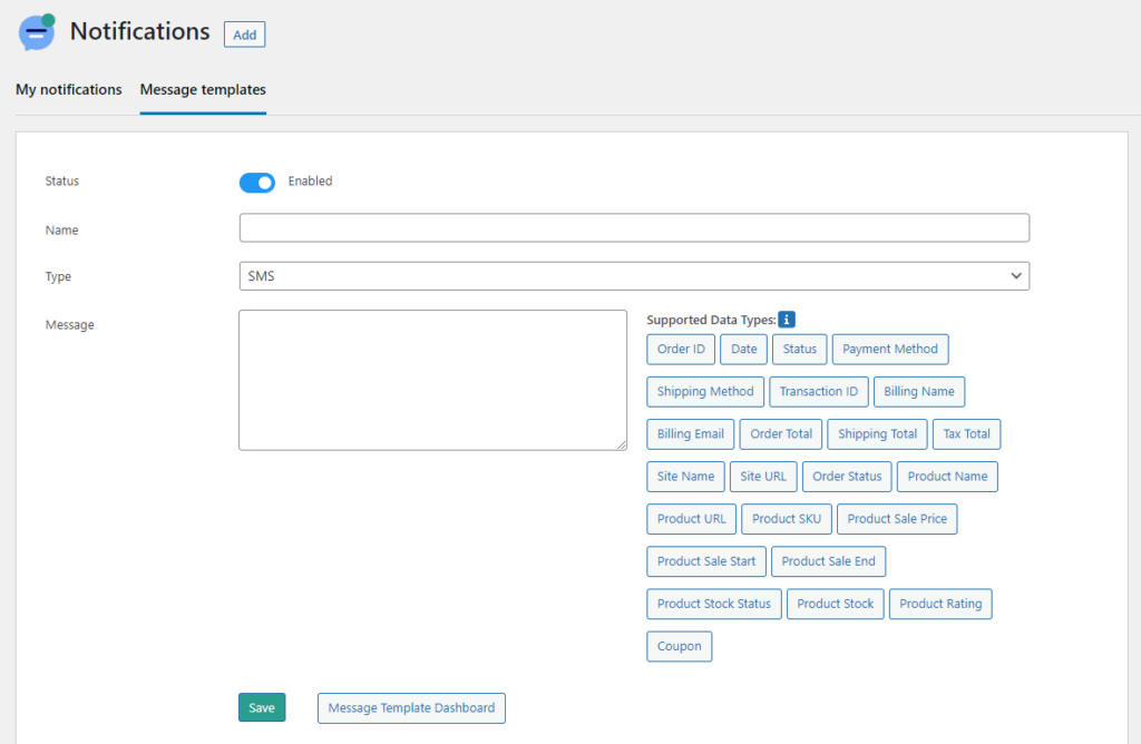 Filling in the details for a new message template in Flow Notify.