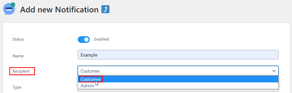 Selecting Customer as the Recipient for the new Flow Notify notification.