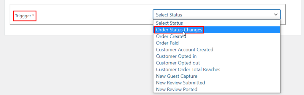 Selecting Order Status Changes as the Trigger for the new Flow Notify notification.