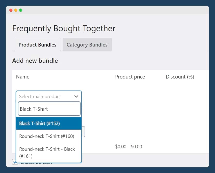 Frequently Bought Together – select the main product for a new bundle.