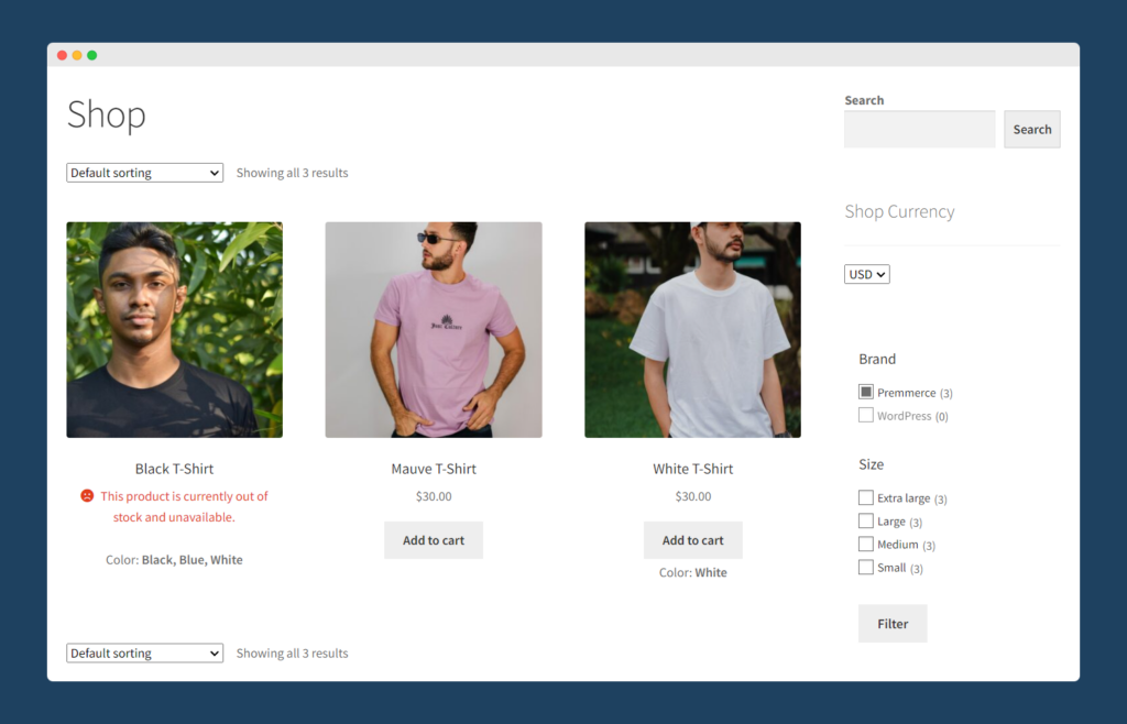 A WooCommerce store page filtered by a specific brand using WooCommerce Product Filter in conjunction with WooCommerce Brands.