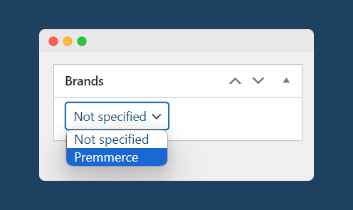 Selecting a brand for a WooCommerce product from the product editor.