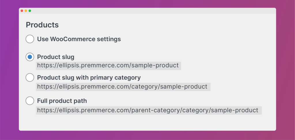 An example of the options for product permalink structures in WooCommerce Permalink Manager.