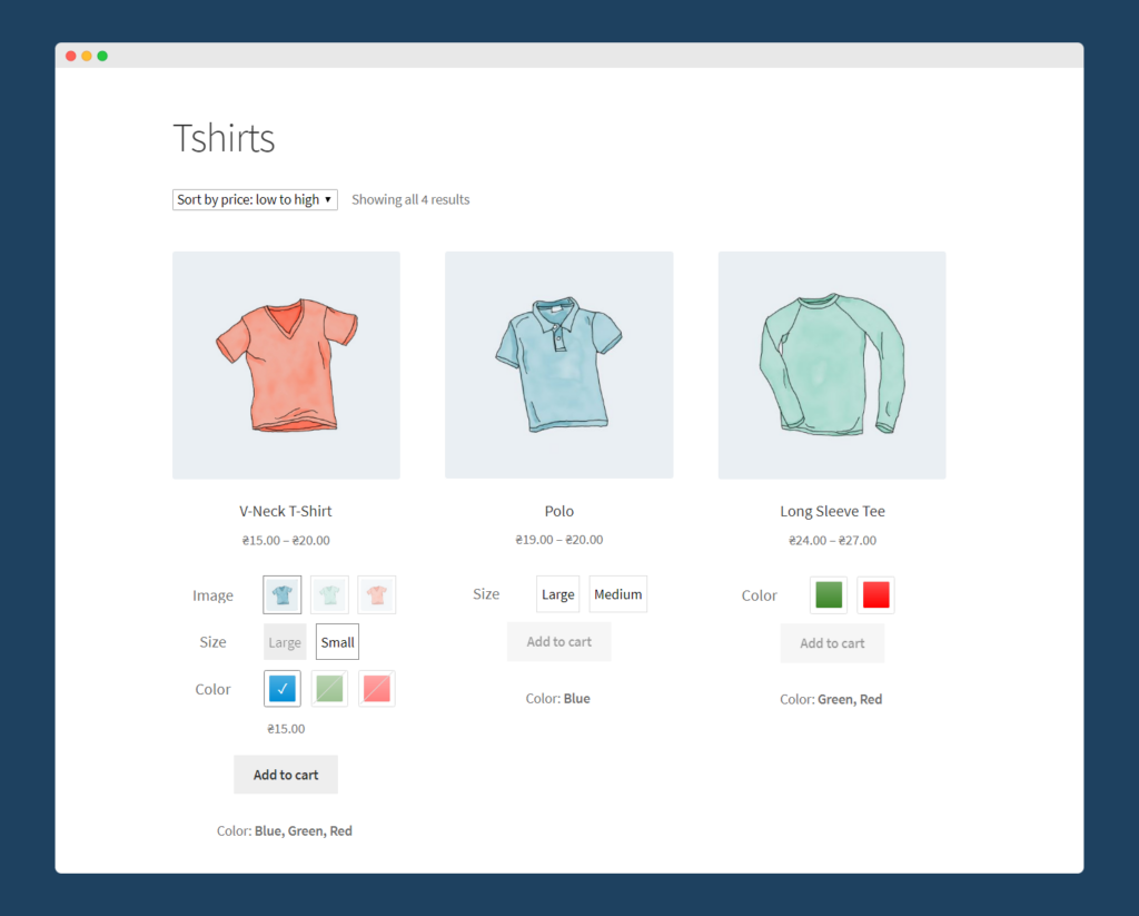 WooCommerce Variation swatches allows you to easily display variations on your WooCommerce store. 