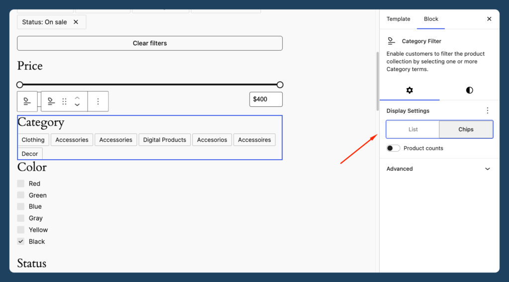 Display settings for the product filters block