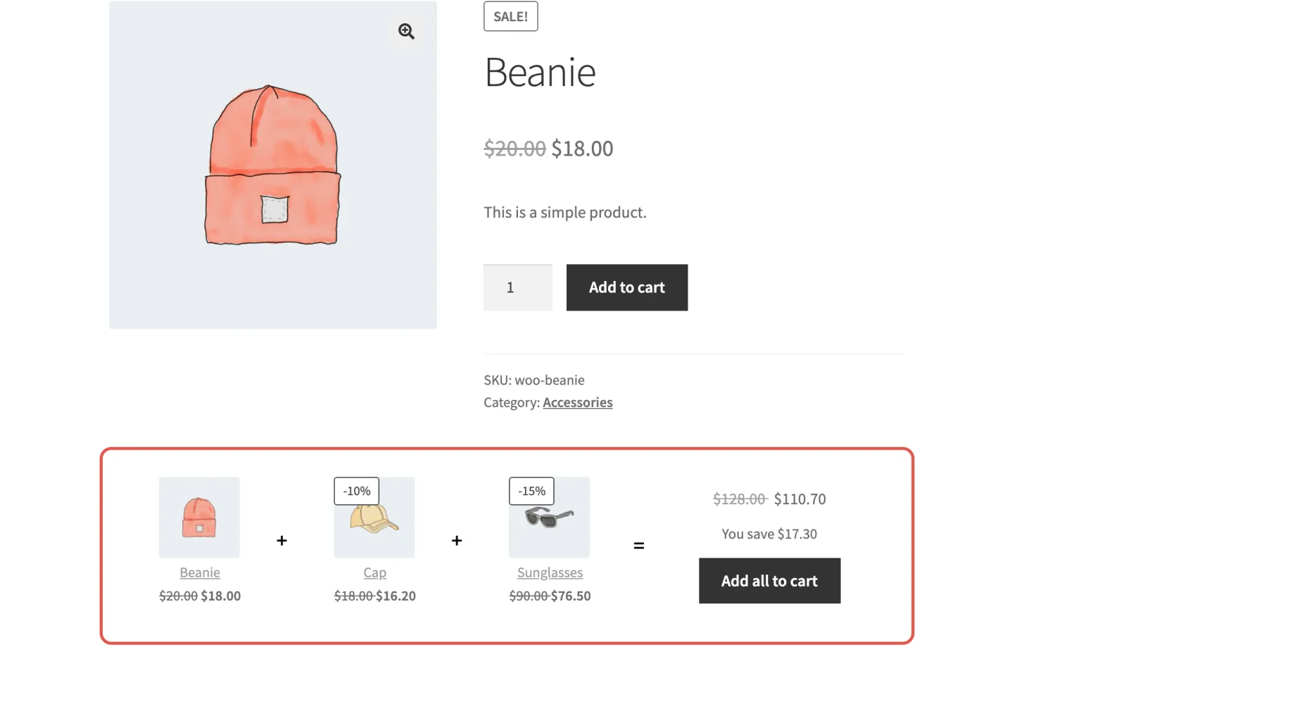 A bundle on a product page, with the bundle price, the saving and the "Add all to cart" button