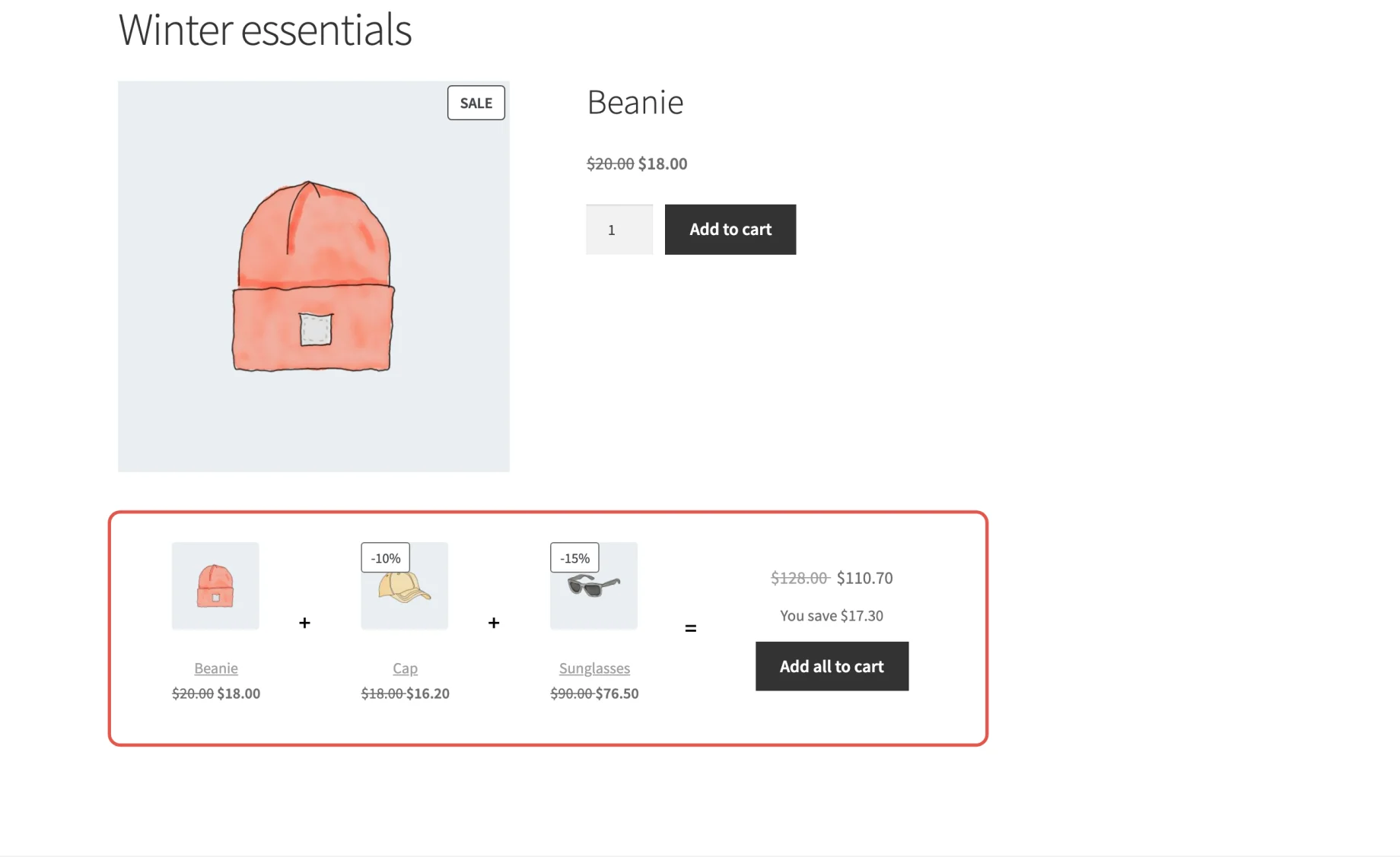 A Single Product block on a landing page, with the product's bundle beneath it