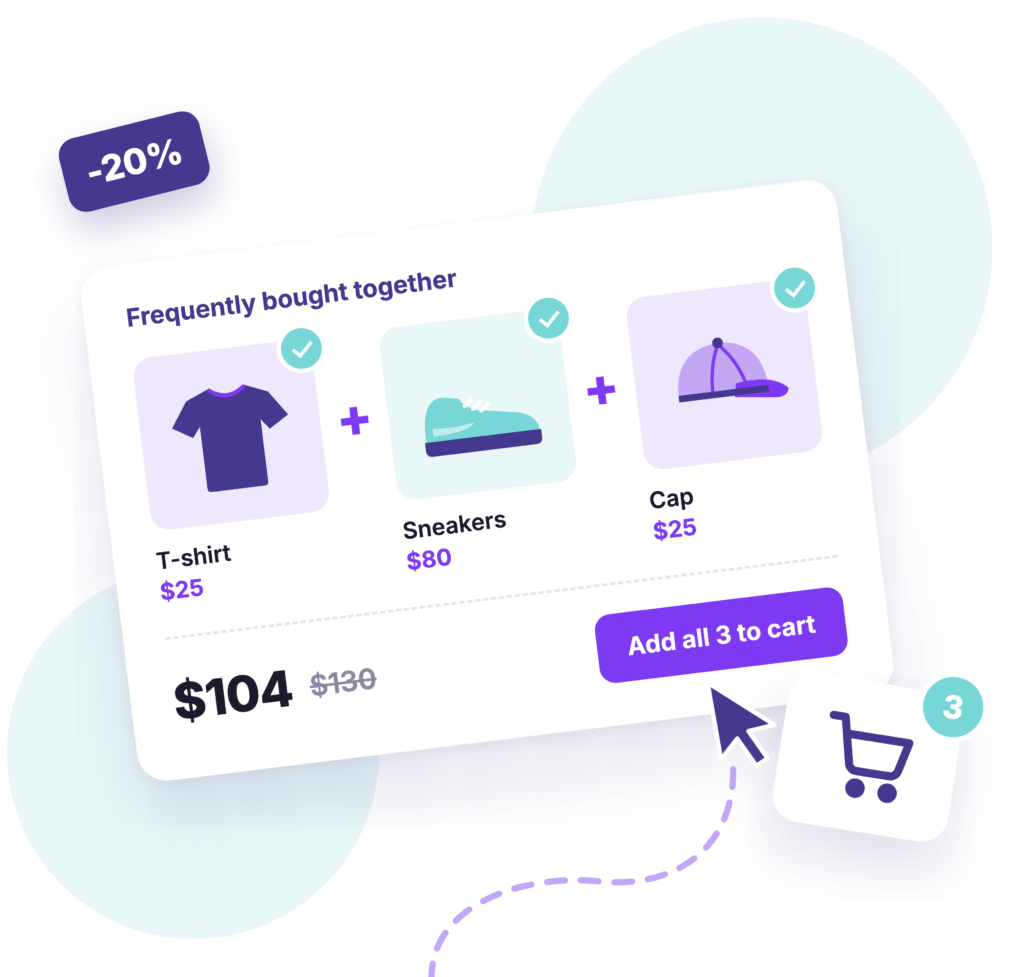 A Frequently Bought Together bundle of a T-shirt, sneakers and a cap at 20% off, with an Add all 3 to cart button