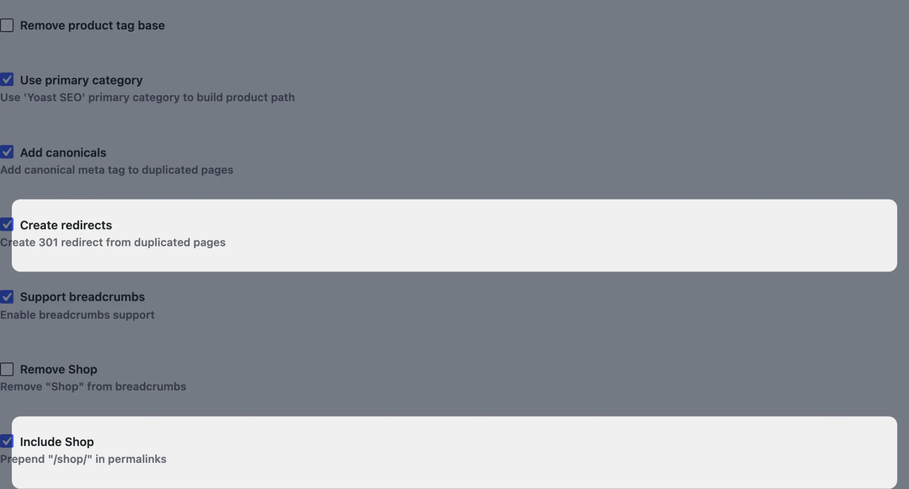 The "Include Shop" and "Create redirects" settings in Permalink Manager