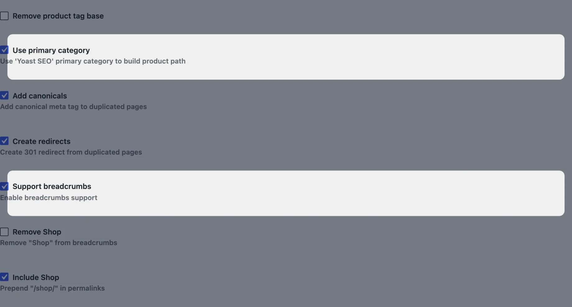 The "Use primary category" and "Support breadcrumbs" settings