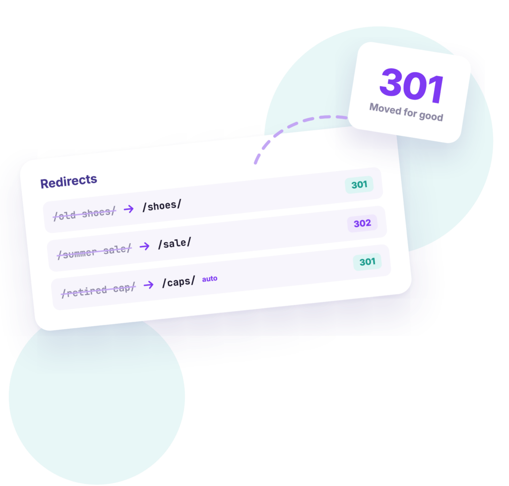A list of 301 and 302 redirects from old URLs to new ones, including an automatic redirect