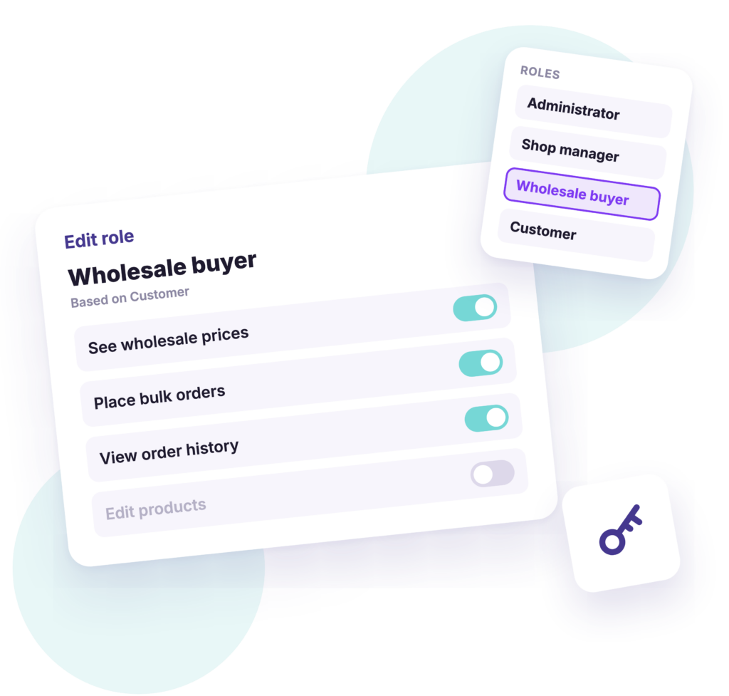 Editing a Wholesale buyer role with permission toggles, beside a list of user roles