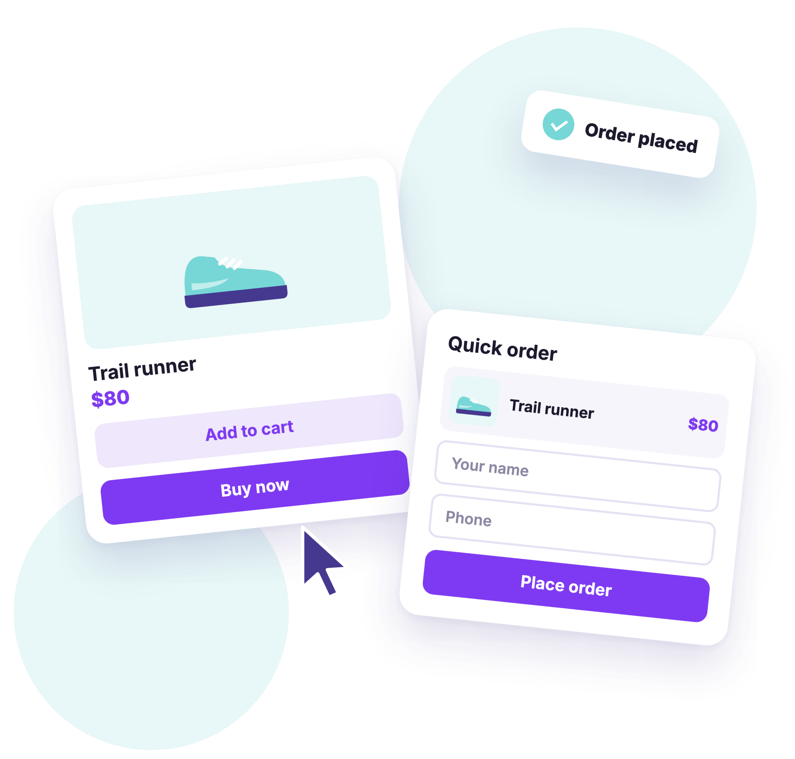 A Buy now button opening a quick order form, with an order placed confirmation