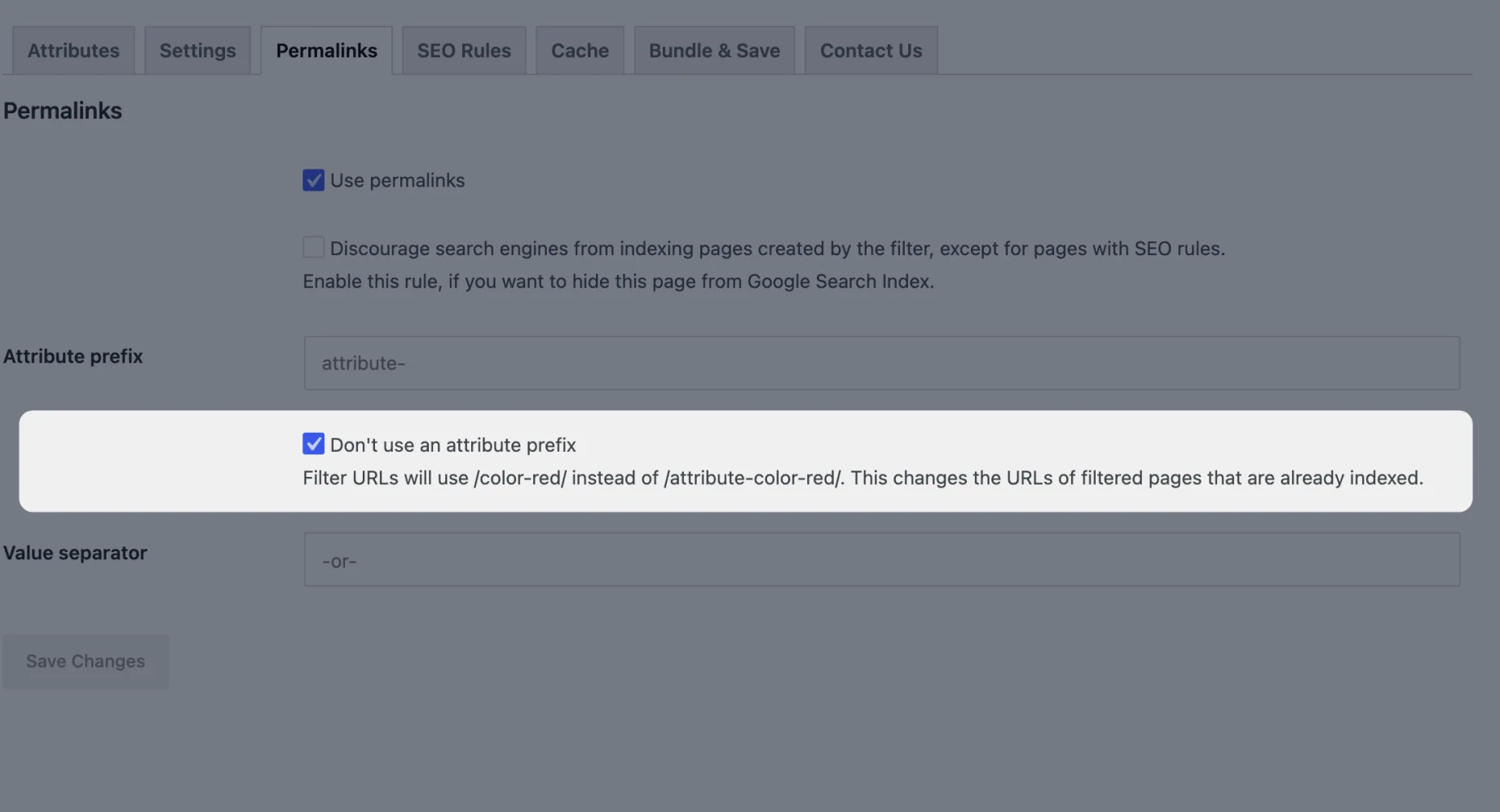 The "Don't use an attribute prefix" setting on the Permalinks tab