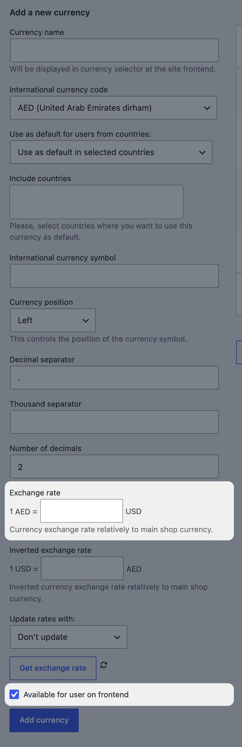 The Add a new currency form, with the exchange rate and the Available for user on frontend option highlighted