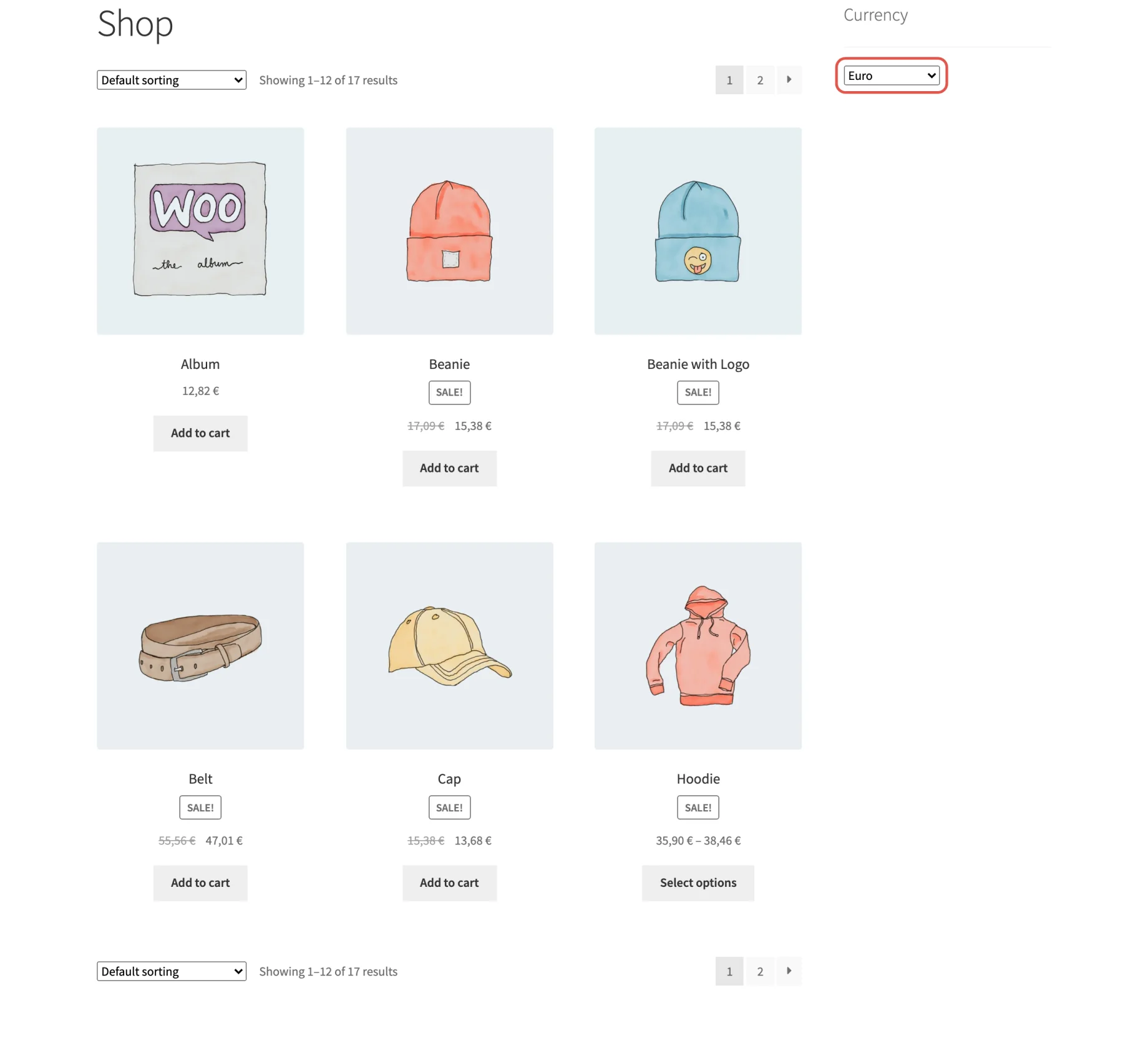 Storefront shop page with prices in euros and the currency switcher in the sidebar