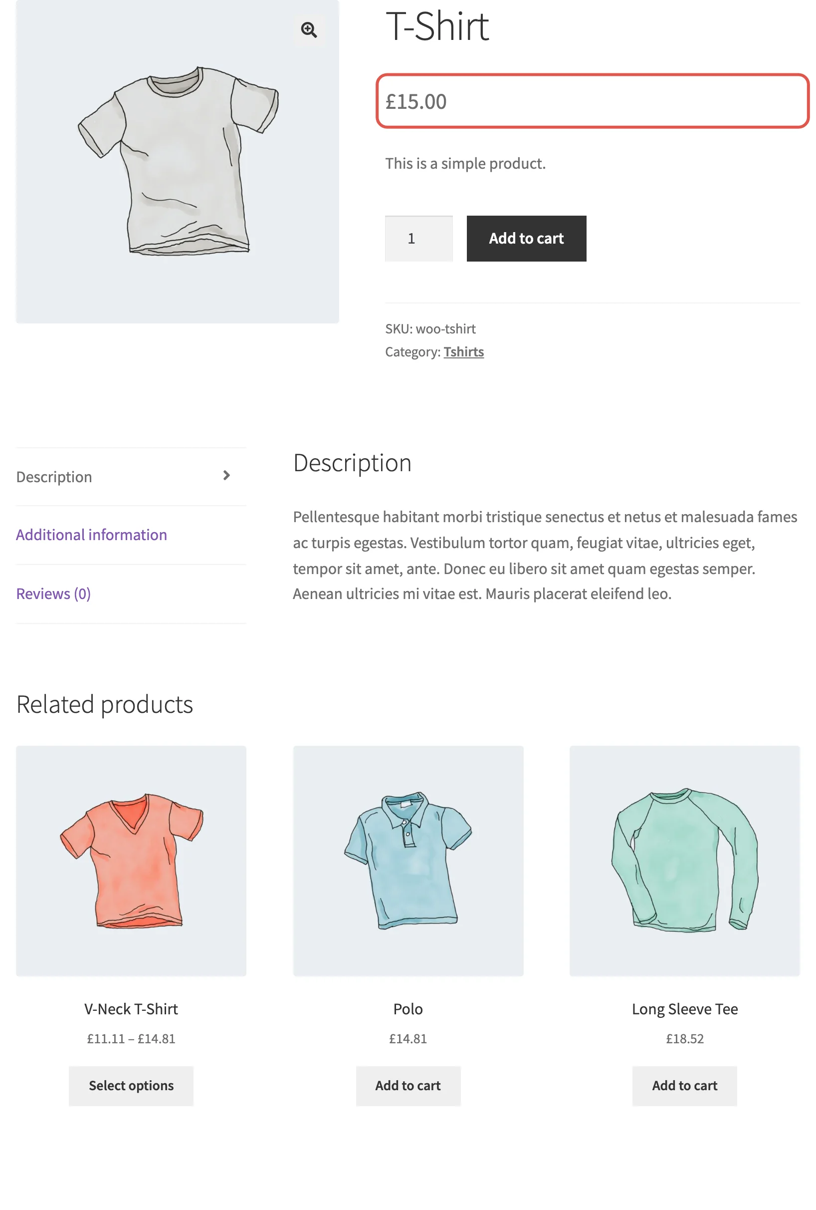 The T-shirt's product page showing the £15.00 price set in pounds