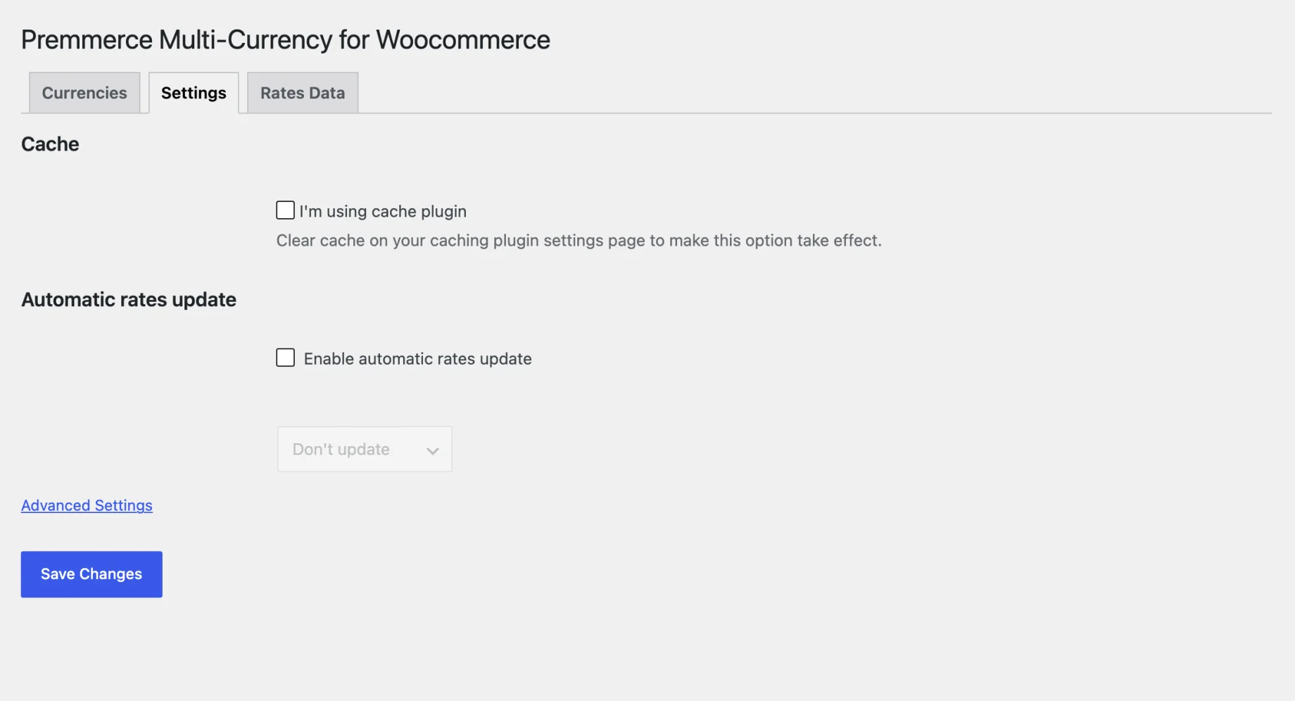 The Settings tab with the cache option and automatic rates update