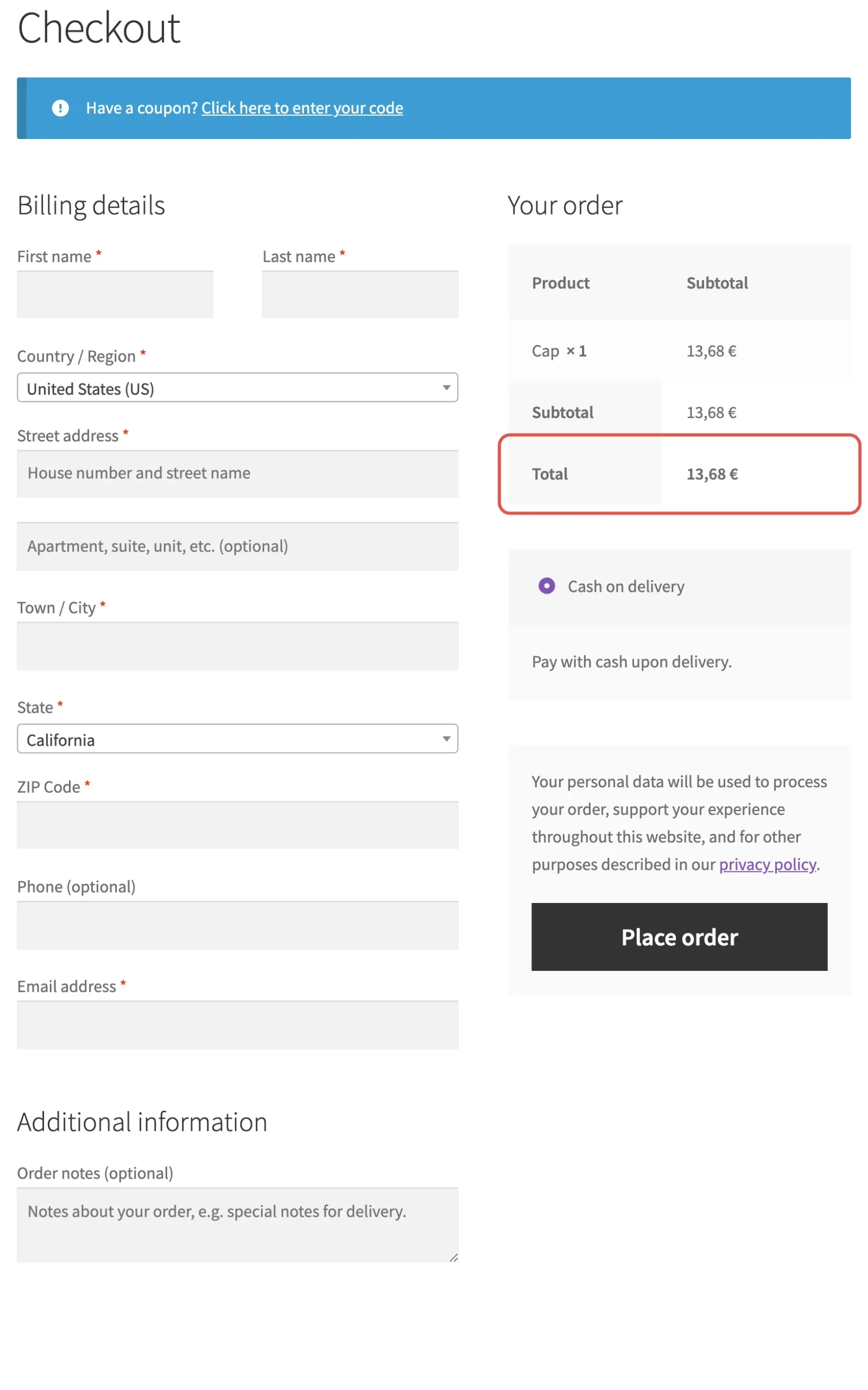 Checkout with the order total in euros