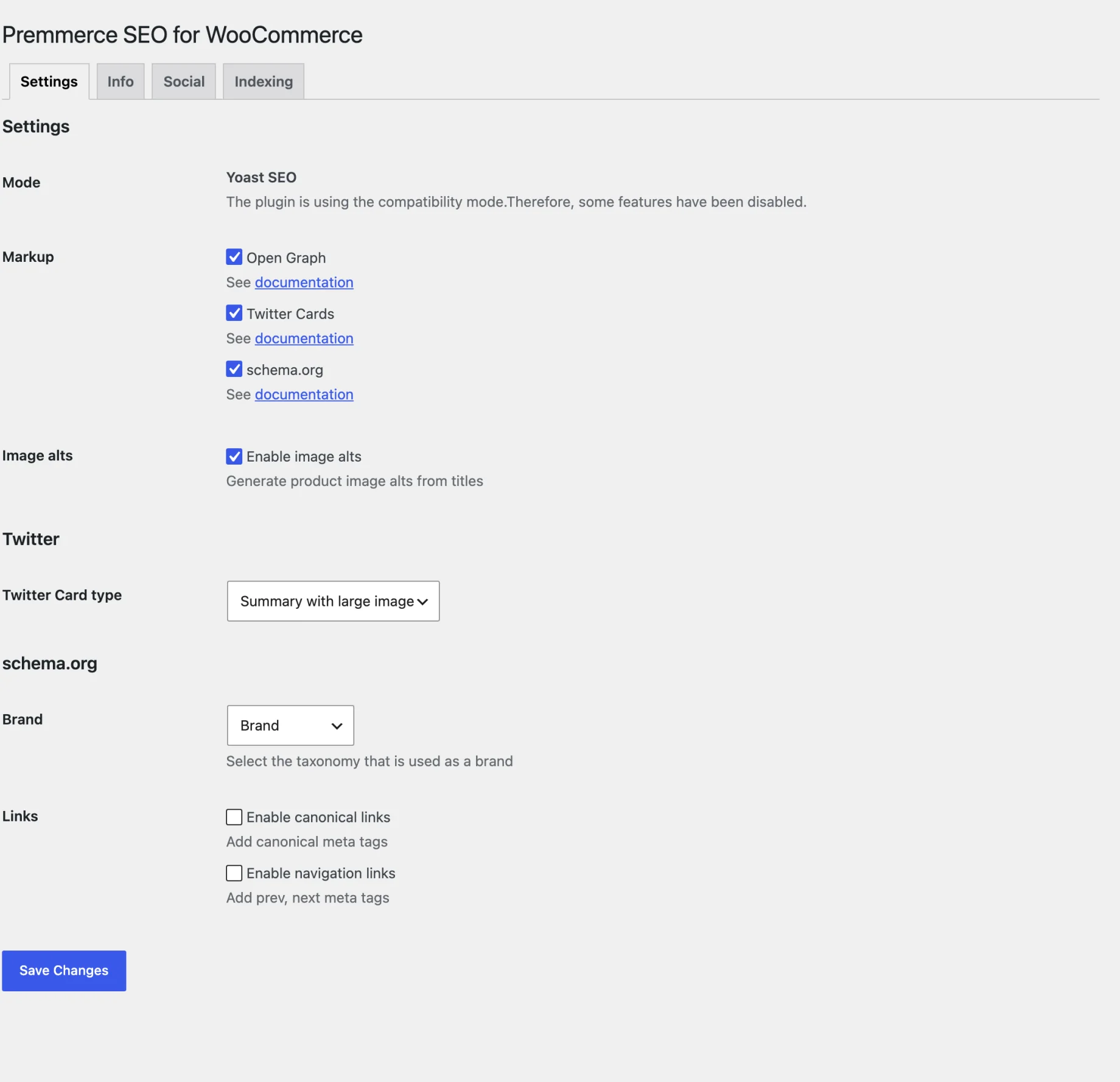Premmerce SEO for WooCommerce settings in Yoast SEO compatibility mode, with Open Graph, schema.org and the Brand taxonomy