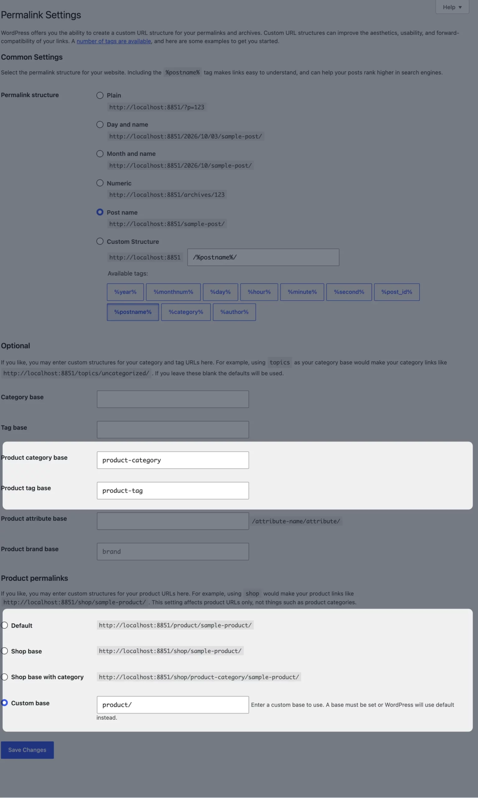 WooCommerce product permalink settings on the WordPress Permalinks screen