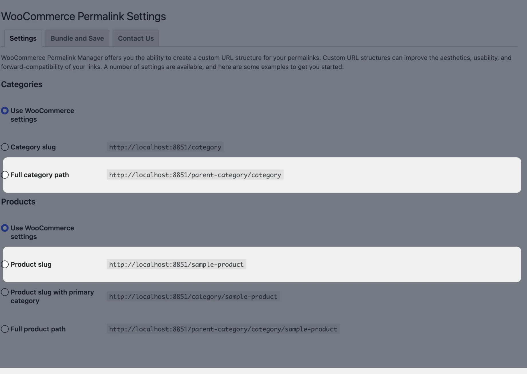 Permalink Manager settings with Full category path and Product slug highlighted