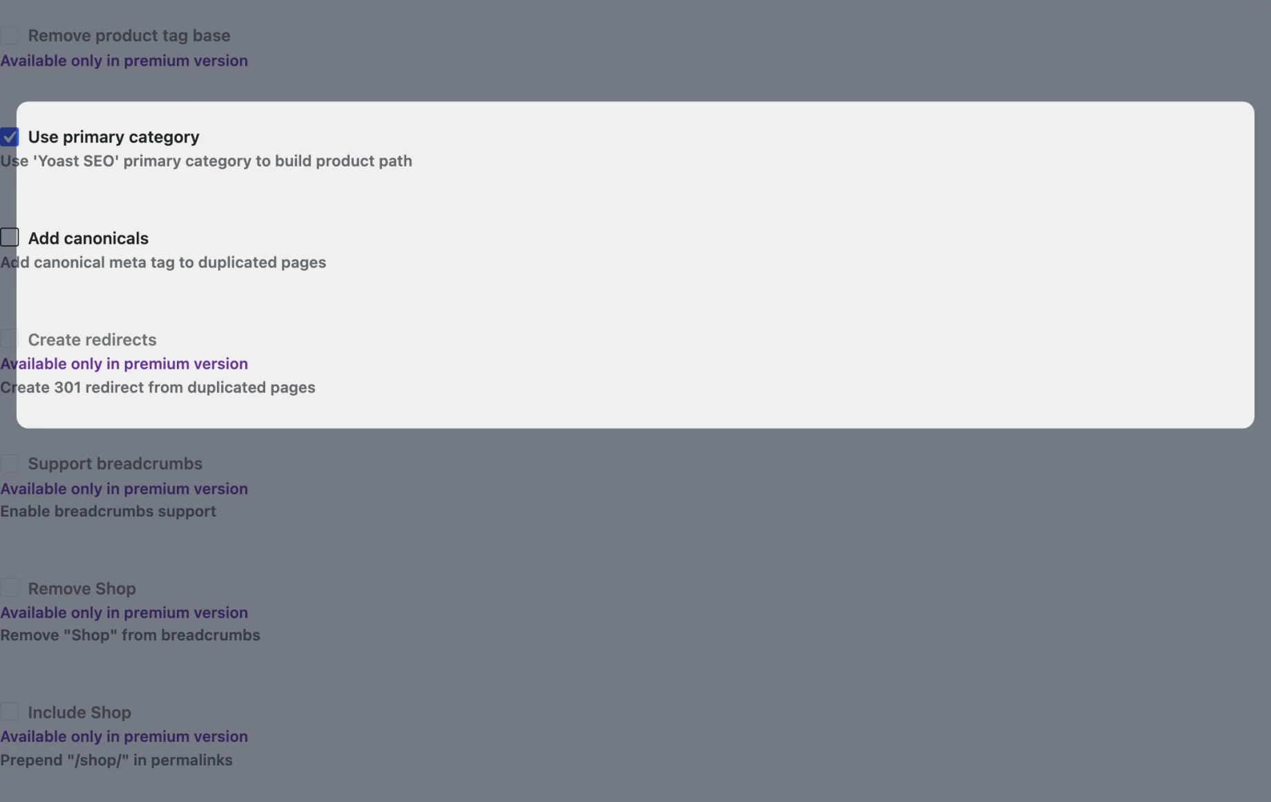 Permalink Manager's Additional settings: primary category, canonicals and redirects